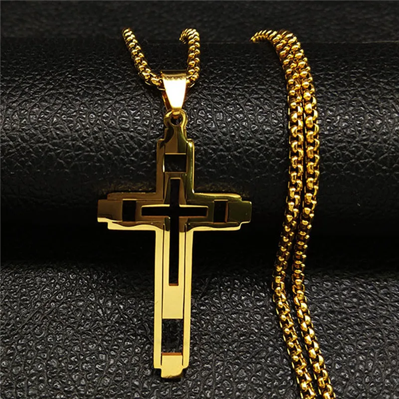 Крест Иисуса, полое ожерелье с подвеской из нержавеющей стали, христианские двухслойные высококачественные очаровательные украшения для ключиц