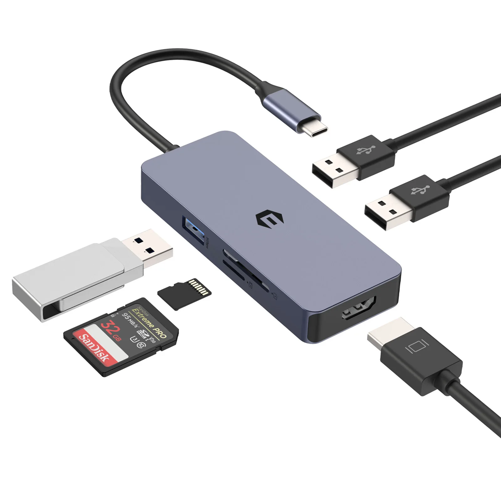 КОНЦЕНТРАТОР USB C, Алюминиевый Многопортовый адаптер USB C 6 в 1 с поддержкой 4K HDMI, USB 3.0, 2 * USB 2.0, SD / TF для MacBook, Surface Pro/G