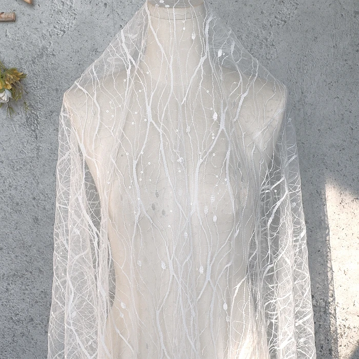 Не совсем белая Кружевная ткань с вышивкой блестками Сетчатая Ткань для одежды DIY Свадебное Платье Для подиума Ширина ткани 150 см 1 ярд