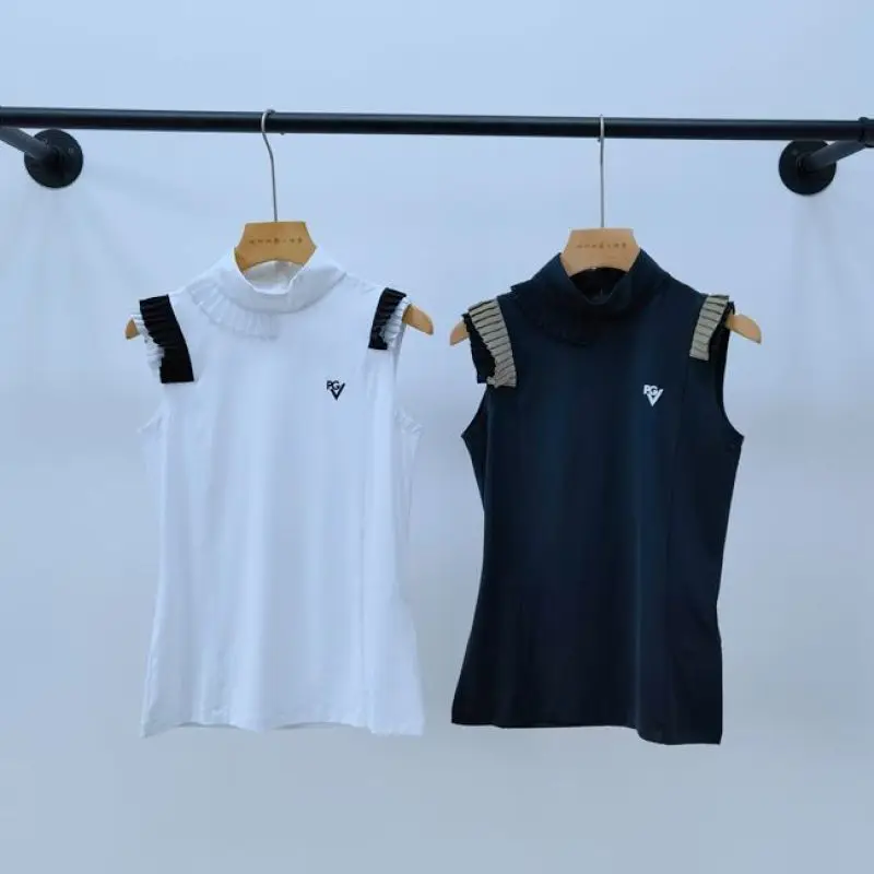 Женская футболка для гольфа без рукавов, быстросохнущая стрейчевая теннисная футболка с двойным меховым краем, модная теннисная футболка на молнии с высоким воротом наполовину